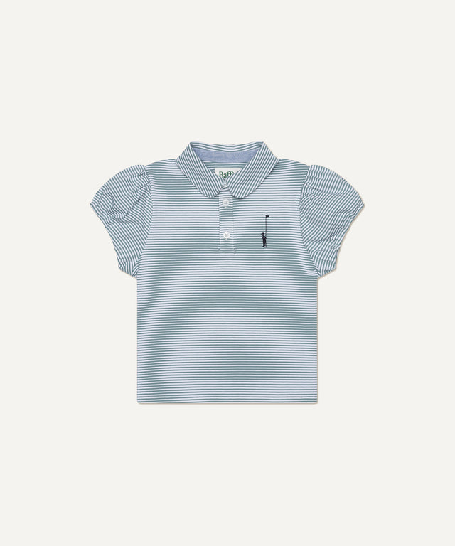 Puff-Sleeved Polo in Green and White Stripe