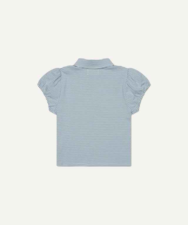 Puff-Sleeved Polo in Green and White Stripe
