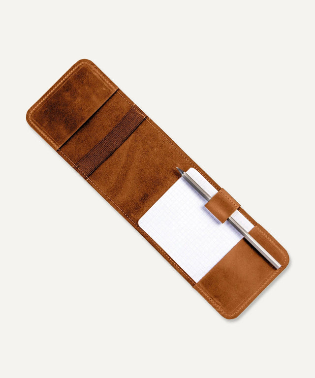 Pikore brown leather golf scorecard holder with pen loop and pocket for course notes