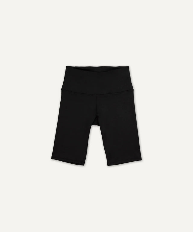 Solstice Athletics black high-waist biker shorts made from premium workout clothing fabric