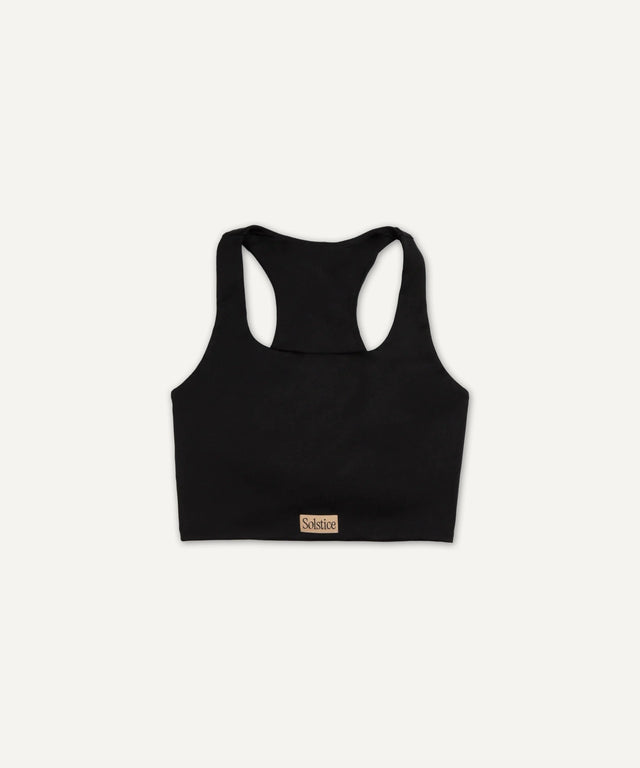 Black sports bra from Solstice Athletics premium workout clothing with racerback design