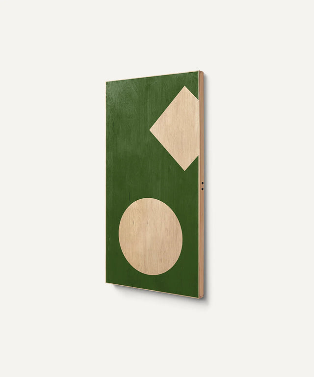 Aesthetic ping pong art panel by Art of Ping Pong featuring geometric shapes in green and natural wood tones for table tennis decor