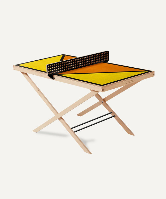 Aesthetic ping pong table tennis artwork by Art of Ping Pong featuring bright yellow and orange geometric design