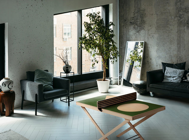 Aesthetic ping pong table tennis art piece displayed in a modern living room with natural light and plants