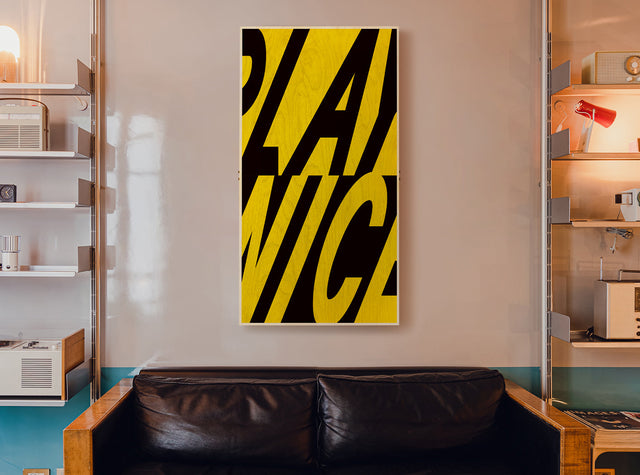 Aesthetic ping pong table tennis wall art by Art of Ping Pong hanging above a black leather couch