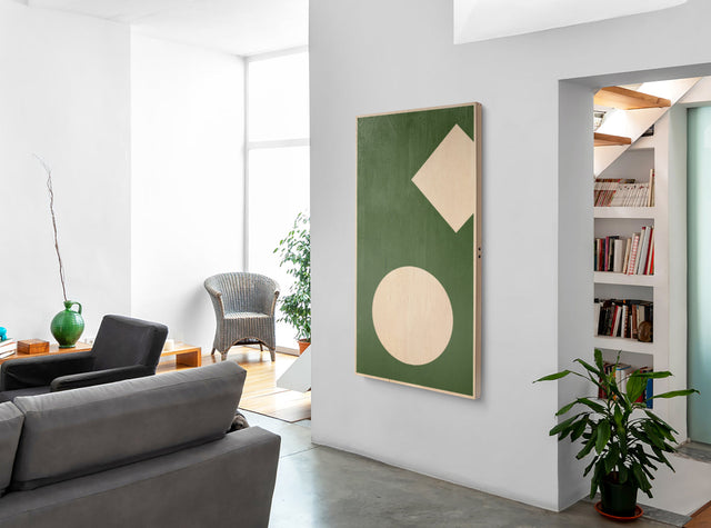 Aesthetic ping pong table tennis art with geometric shapes hanging on living room wall by Art of Ping Pong