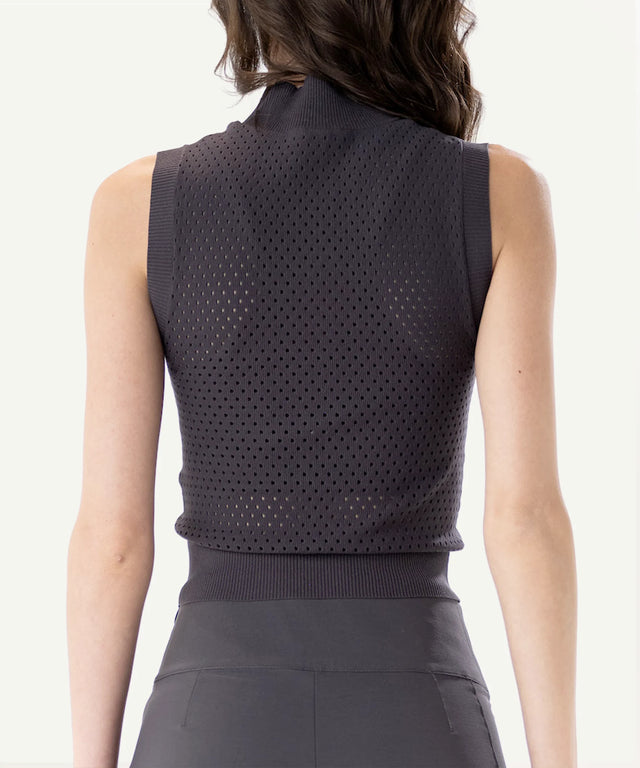 AIEA Golf sleeveless black perforated top showcasing fashionable womens golf clothing from the back