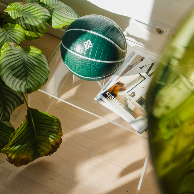 Comrade Berlin artistic basketball mens kids collectibles decorative basketball in green on clear table with magazines