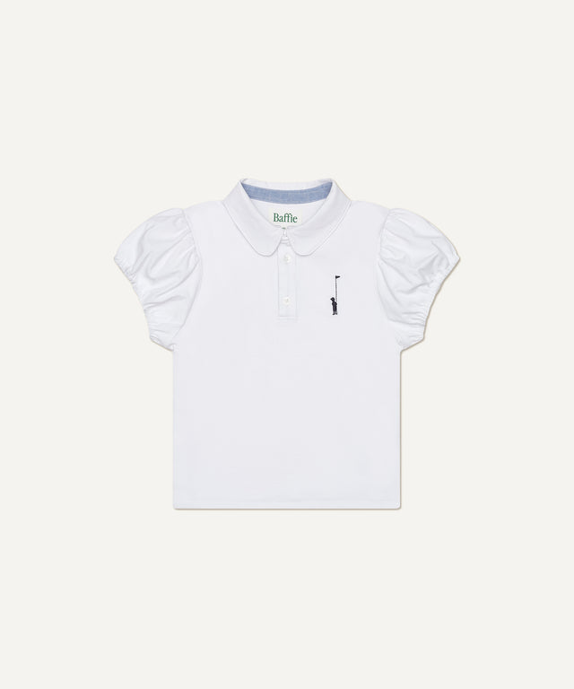 Baffie white kids golf clothing polo shirt with puff sleeves and embroidered golf flag logo
