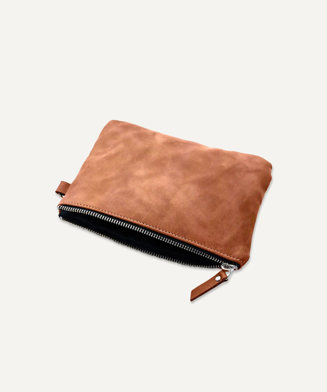 Pikore brown leather golf field pouch with zipper closure for storing golf accessories