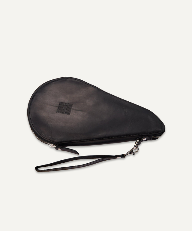 Pikore black leather ping pong paddle case with zipper closure and wrist strap for easy carrying