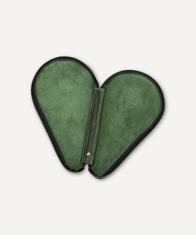 Pikore leather ping pong paddle case in green with zipper and soft interior lining