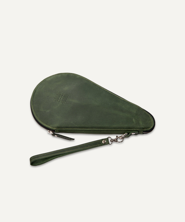 Pikore leather ping pong paddle case in dark green with wrist strap and zipper closure
