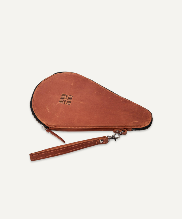 Pikore brown leather ping pong paddle case with zipper and wrist strap for convenient carrying