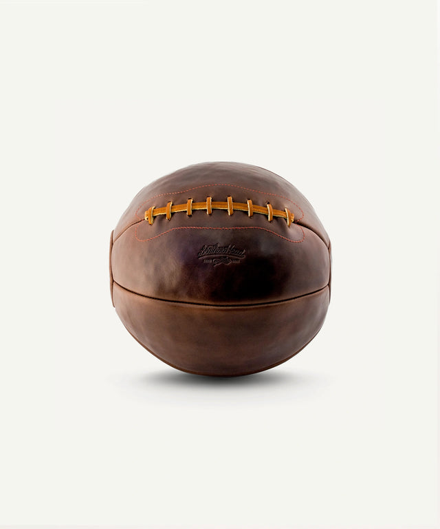 Leather Head Sports 14 lb Chromexcel medicine ball in brown leather with stitched detailing