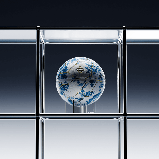 Comrade Berlin artistic basketball mens kids collectibles decorative basketball with blue floral design displayed in a glass case