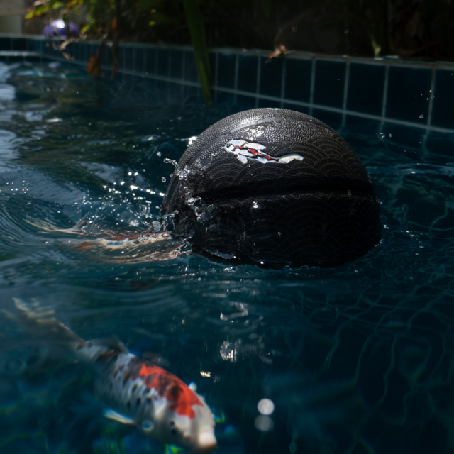 Black artistic basketball mens kids collectibles decorative basketball floating in pool water near koi fish