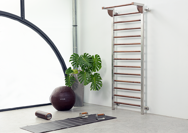 Fysik high-end home gym exercise equipment with beautiful design including wall bars, mat, and medicine ball