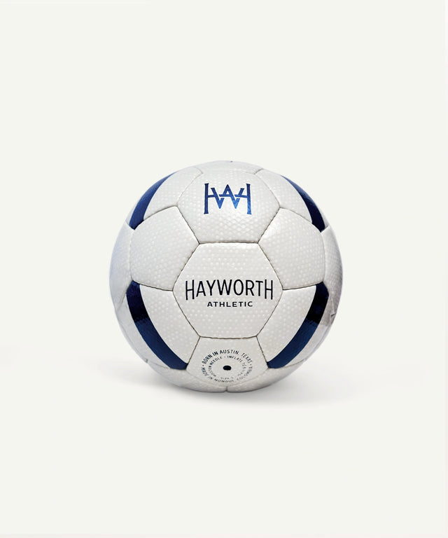 Hayworth Athletic standard model soccer ball in white with blue accents and textured surface