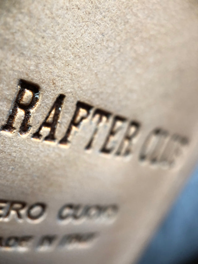 Close-up detail of The Rafter Club Italian made mens dress shoe leather embossing