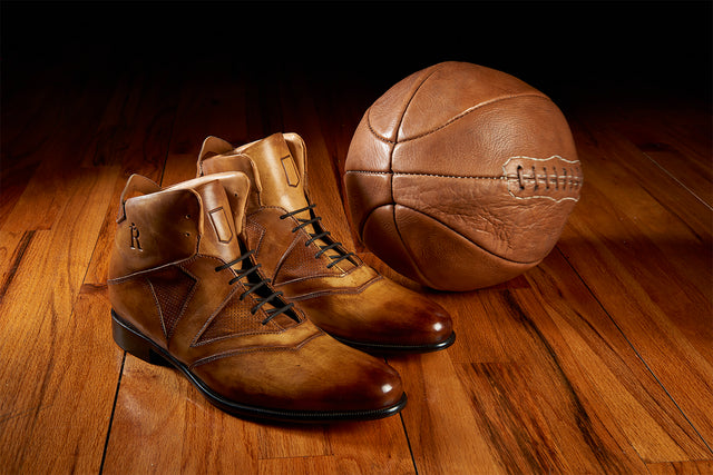 The Rafter Club Italian made mens dress shoe in brown leather styled with vintage leather basketball