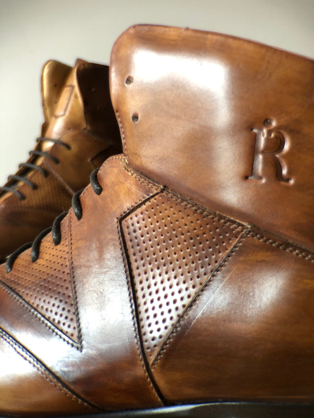 The Rafter Club Italian made mens dress shoe in rich brown leather with perforated detailing and embossed logo