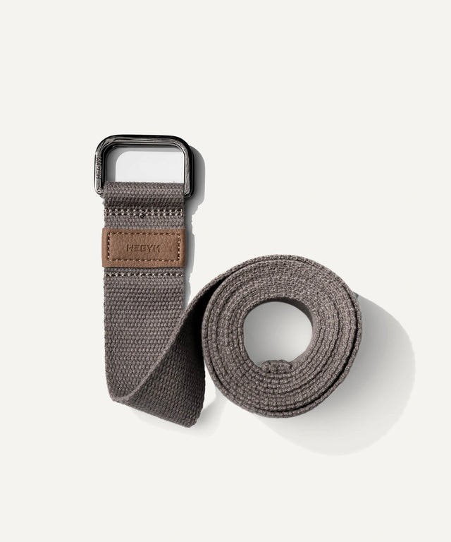 WeGym stretch strap for stretching made of durable gray fabric with metal buckle