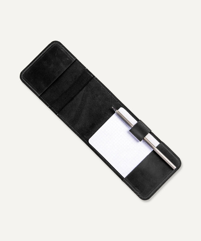 Pikore black leather golf scorecard holder with pen loop and card slots open flat