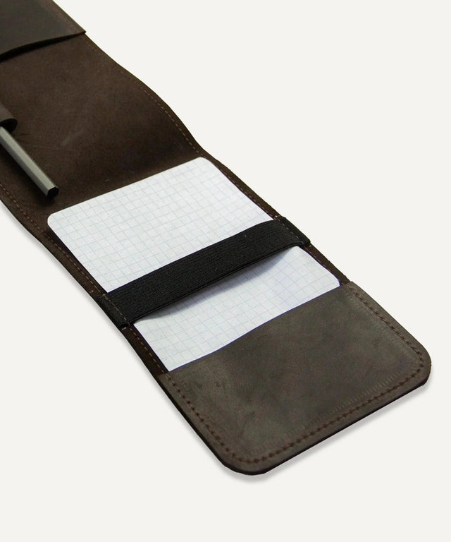 Pikore leather golf scorecard holder in dark brown with elastic strap and pocket for notepad and pen