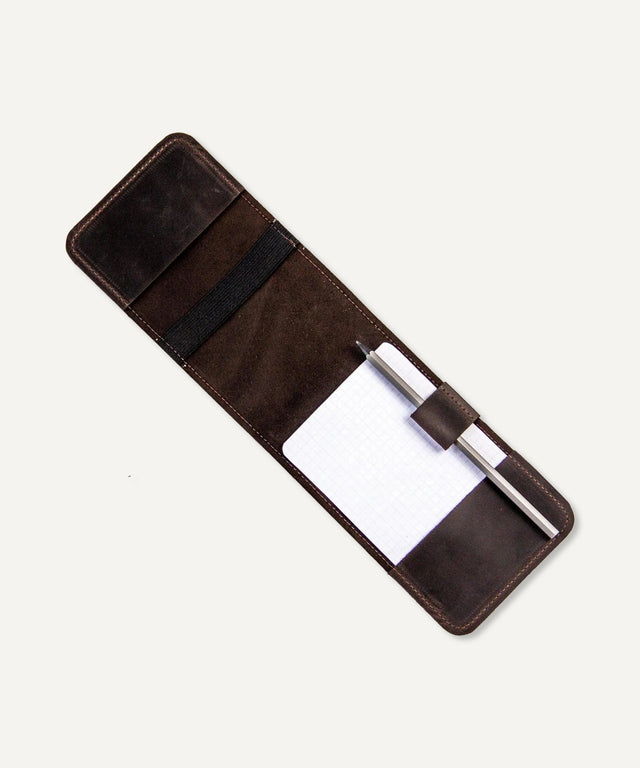 Pikore leather golf scorecard holder in dark brown with pen loop and notepad inside