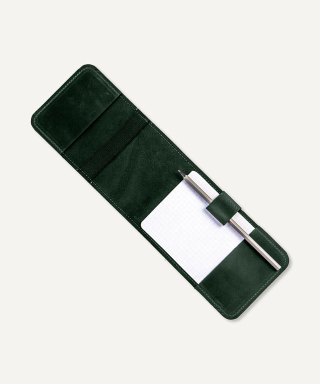 Pikore leather golf scorecard holder in dark green with pen slot and notepad inside