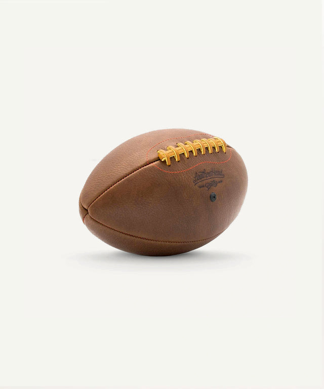 Leather Head Sports premium leather football with brown textured surface and yellow laces