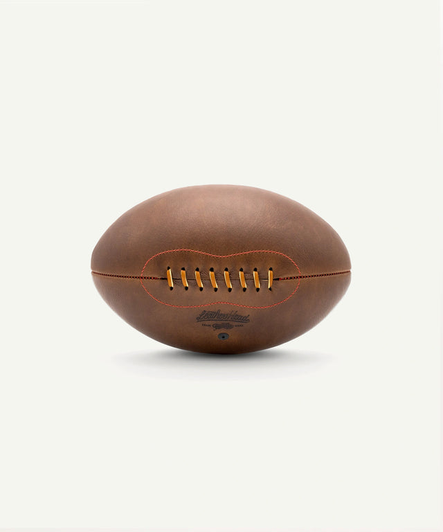 Leather Head Sports premium leather rugby ball with brown leather and stitched laces