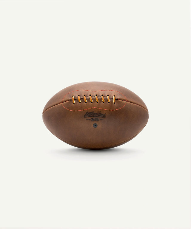 Leather Head Sports premium leather rugby ball with classic brown leather and stitched laces