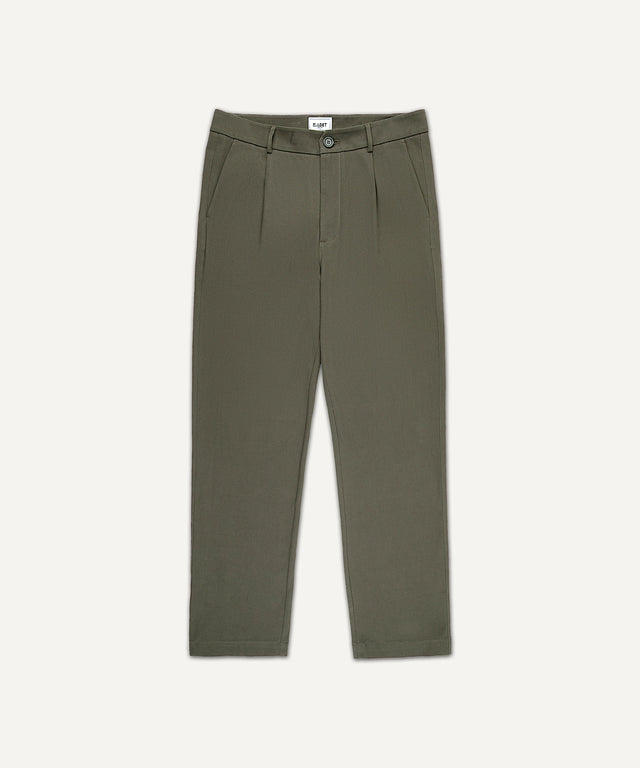 Kadet olive green pleated chino pants for men with button and zip closure