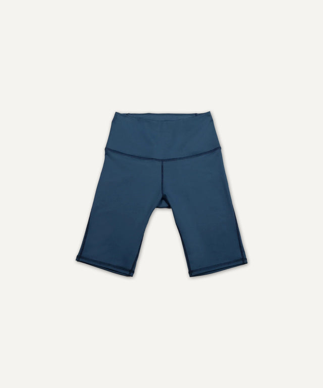 Solstice Athletics navy blue high-waisted biker shorts made from premium workout clothing materials