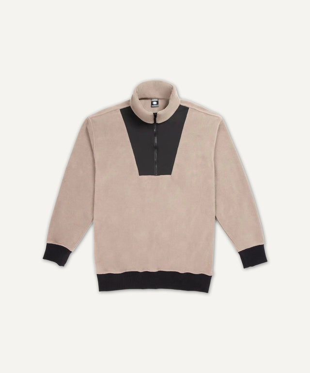 Solstice Athletics beige and black fleece pullover with quarter zip, premium workout clothing