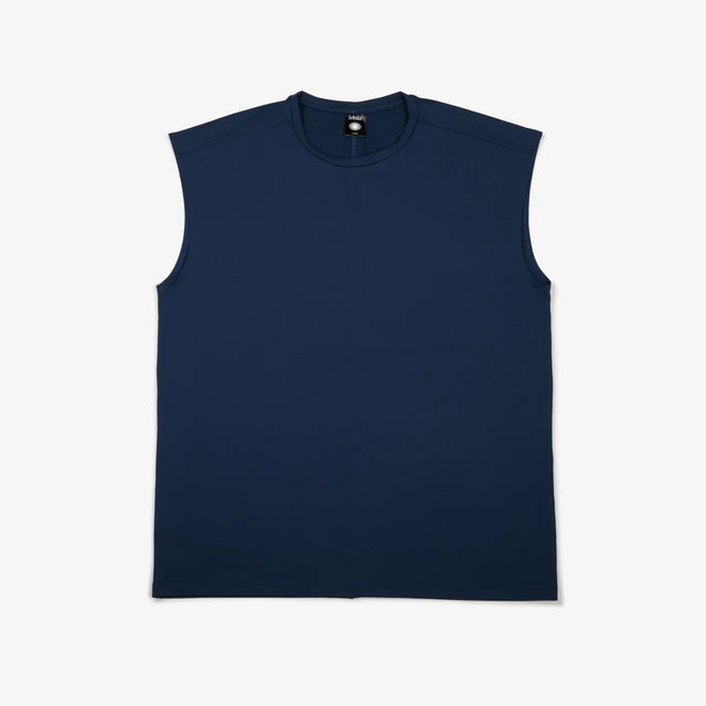 Solstice Athletics navy blue sleeveless shirt made from premium workout clothing fabric
