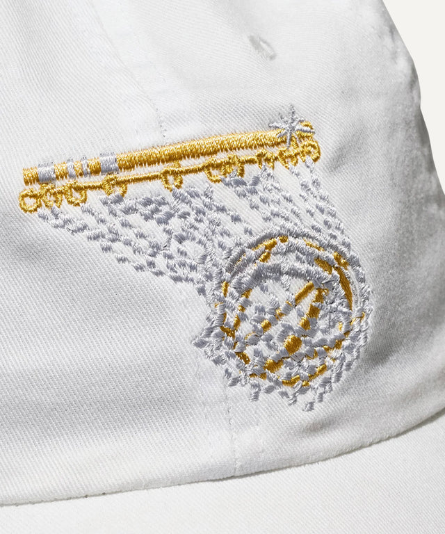 White cap with embroidered basketball hoop and net design by Literally Balling Victor Solomon gifts for basketball fans