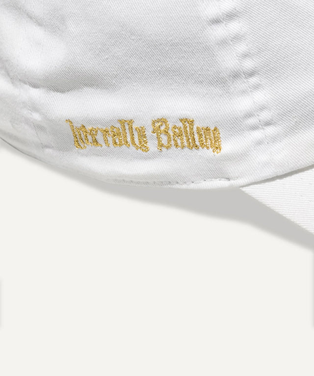 White Literally Balling baseball cap embroidered in gold Victor Solomon basketball gifts for basketball fans
