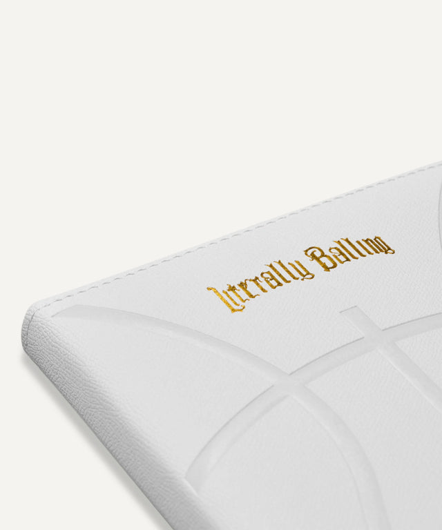 Literally Balling white basketball-themed object featuring Victor Solomon basketball gifts for basketball fans design