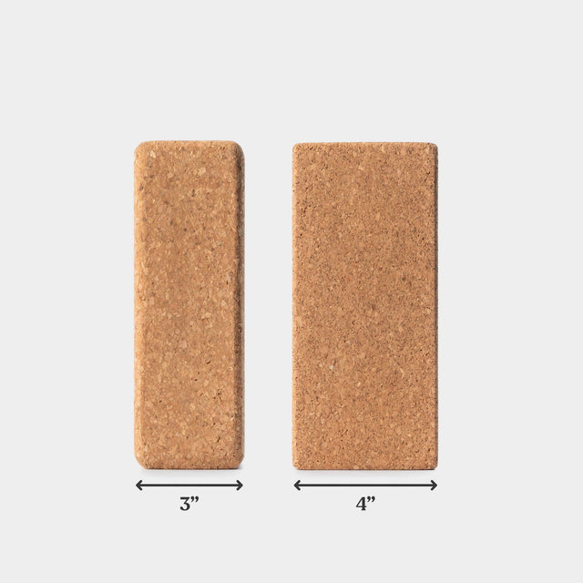WeGym cork yoga block showing two sizes with 3 inch and 4 inch widths for yoga support